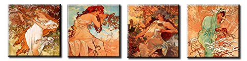 time4art Alphons Alfons Mucha Print Canvas 4 Bild 4 x 30x30cm Die Vier Jahreszeiten Jugendstils Kunst Leinwand von time4art