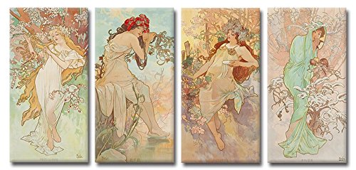 time4art Alphons Alfons Mucha 4 Bild 4 x 80x40cm Die Vier Jahreszeiten Jugendstil Kunst Leinwand Canvas Print Set Wohnzimmer Wandmontage von time4art