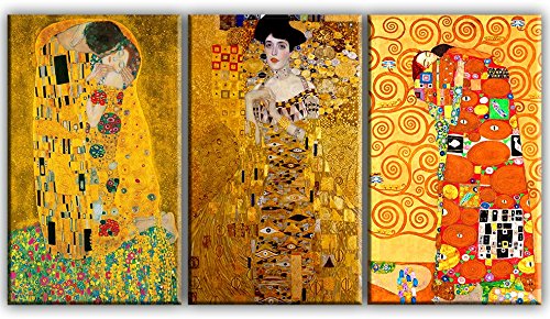 time4art Gustav Klimt Print Canvas 3 Bild 3 x 100x60cm Adele Bloch-Bauer I Baum des Lebens Der Kuss auf Keilrahmen Leinwand von time4art