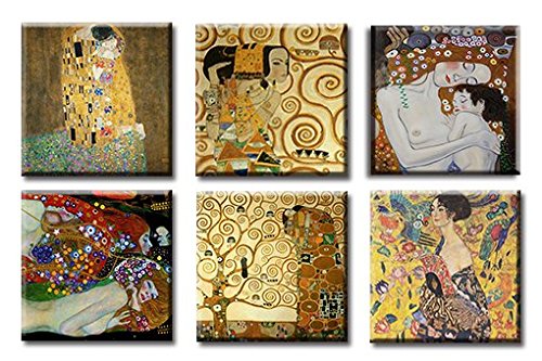 time4art Gustav Klimt Print Canvas 6 Bild 6 x 30x30cm Baum des Lebens Kuss Kiss Tree of Life Frau mit Fächer Mutter und Kind auf Keilrahmen Leinwand von Majen