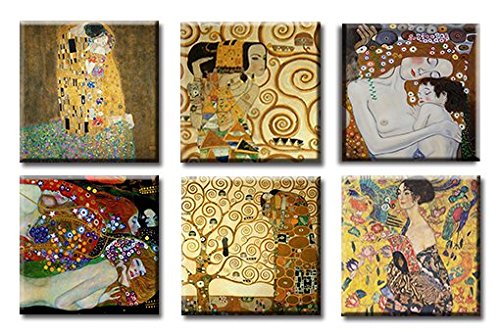 time4art Gustav Klimt Print Canvas 6 Bild 6 x 30x30cm Baum des Lebens Kuss Kiss Tree of Life Frau mit Fächer Mutter und Kind auf Keilrahmen Leinwand von time4art