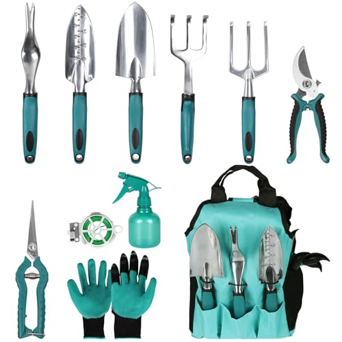 Gartengeräte, Gartengeräte-Set, Leichte Aluminiumlegierung Rostbeständig, Gartengeräte-Set, ideale Gartengeschenke, Gartengeräte mit Handschuhen (11Stück) von timoplus