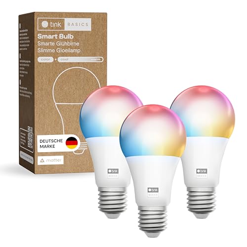 tink Basics Smarte Glühbirne E27, 3er Pack Matter, WLAN LED Lampe RGBWW, Weiß & Farbe, dimmbar, 16 Millionen Farben, 806 lm, Sprachsteuerung mit Alexa, Google Assistant, Apple Home von tink Basics