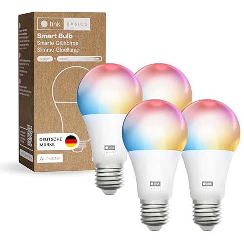 tink Basics Smarte Glühbirne E27, 4er Pack, Matter-zertifiziert, WLAN LED Lampe RGBWW, Weiß & Farbe, dimmbar, 16 Millionen Farben, 806 lm, Sprachsteuerung mit Alexa, Google Assistant, Apple Home von tink Basics
