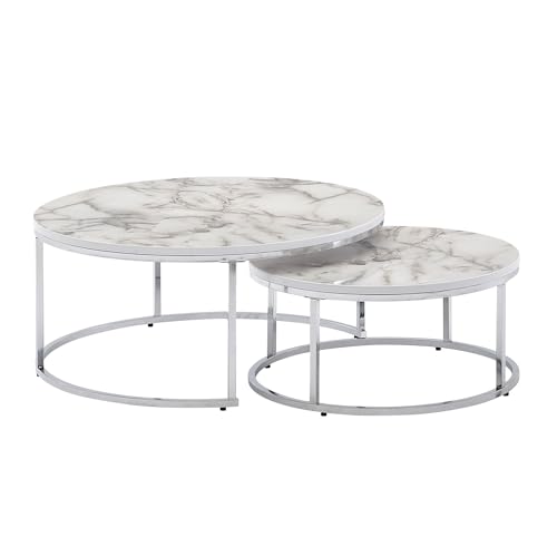 tinkaro Couchtisch 2er-Set rund Farid Holz Wohnzimmertisch Weiß Marmor Optik von tinkaro