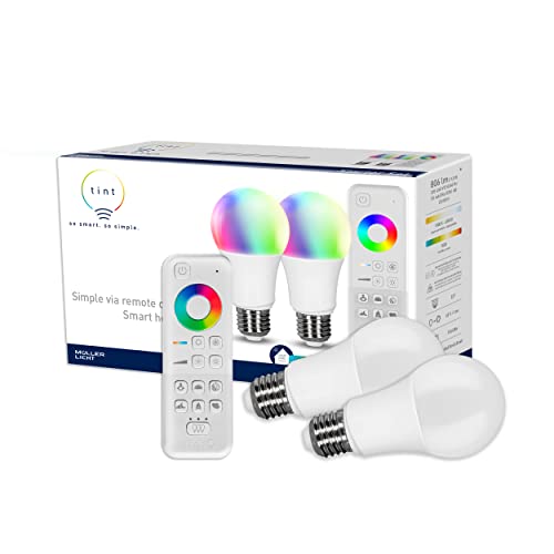 tint 2er-Set Smarte LED-Birnen E27 + Fernbedienung – Steuerbar per Alexa oder Fernbedienung – Dimmbare E27 Glühbirnen mit weißem (1800-6500 K) und farbigem Licht RGB, 9,5 W von tint
