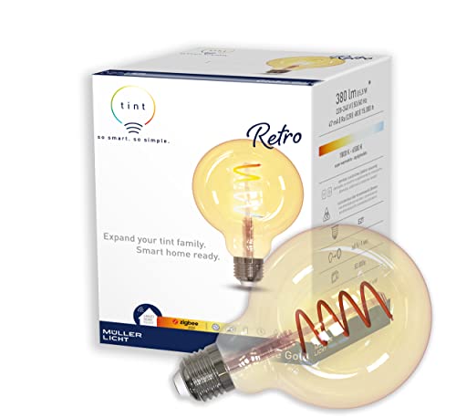 tint Smarte LED-Globe Retro Gold – Steuerbar per Alexa, Fernbedienung oder App – Dimmbare E27 Glühbirne mit warm- und kaltweißem Licht 1800-6500 K, 5,5 W von tint