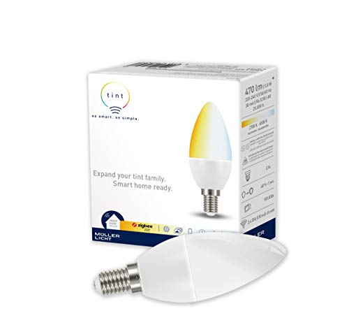 tint Smarte LED-Kerze – Steuerbar per Alexa oder Fernbedienung – Dimmbare E14 Glühbirne mit warm- und kaltweißem Licht (2700-6500 K), 6 W von tint