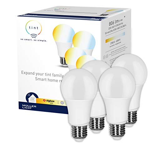 tint 4er-Set Smarte LED-Birnen E27 – Steuerbar per Alexa oder Fernbedienung – Dimmbare E27 Glühbirnen mit weißem Licht (2700-6500 K), 9 W von tint