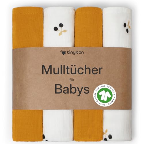 tiny ton Baby Mulltücher | Spucktücher – 100% GOTS Bio-Baumwolle, 4er-Set (60x60 cm), weich, saugfähig & atmungsaktiv. Vielseitige Spucktücher – zum Kuscheln, Reinigen & Abdecken von tiny ton