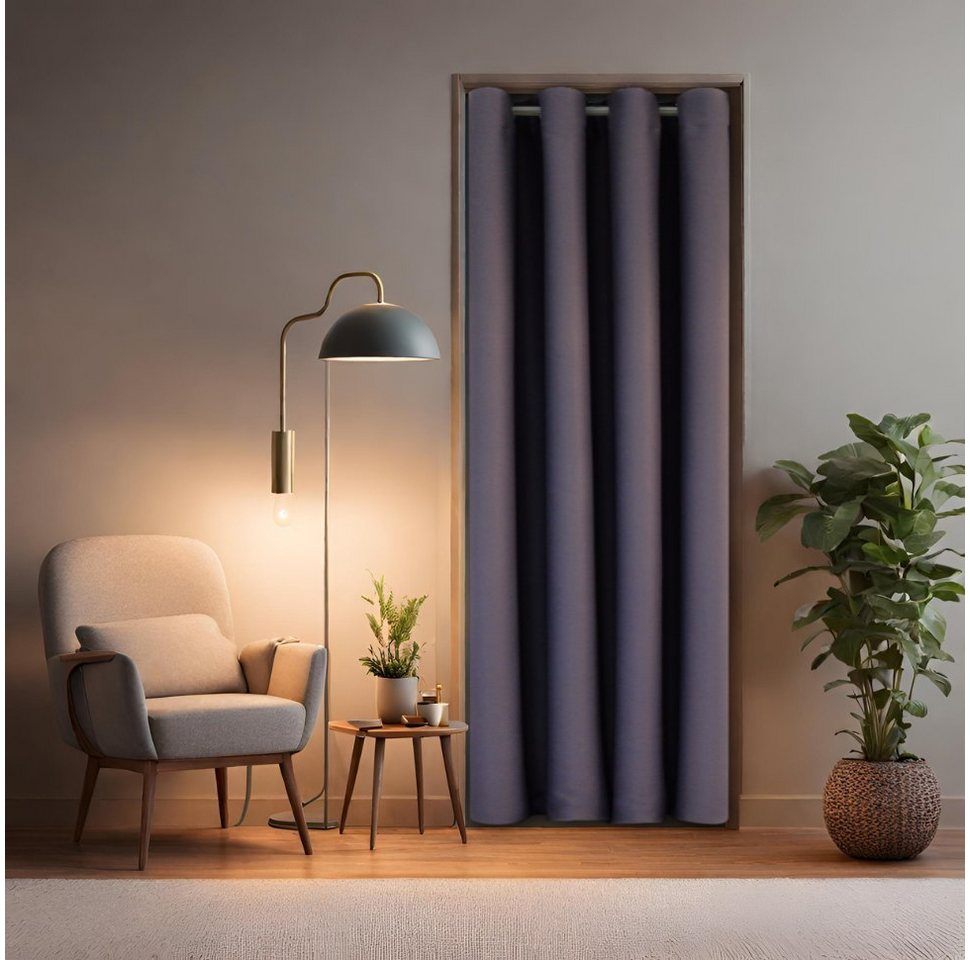 Türvorhang mit Stange silber 55-90 cm ohne Bohren, Thermo Vorhang Tür, tinycurtains, Ösen, abdunkelnd, Polyester, blickdicht, grau Nebula, Türgardine mit Klemmstange verdunkelnd von tinycurtains