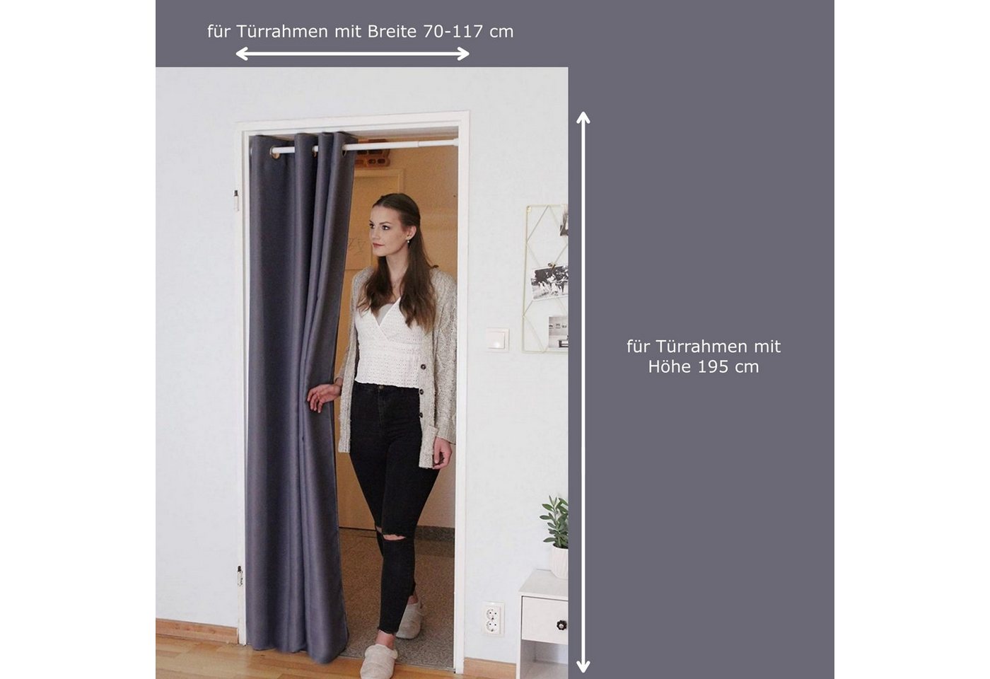 Türvorhang mit Stange silber 70-120 cm Thermo Vorhang ohne Bohren, blickdicht, tinycurtains, Ösen, abdunkelnd, Polyester, grau Nebula, Türgardine mit Klemmstange Raumtrenner verdunkelnd von tinycurtains