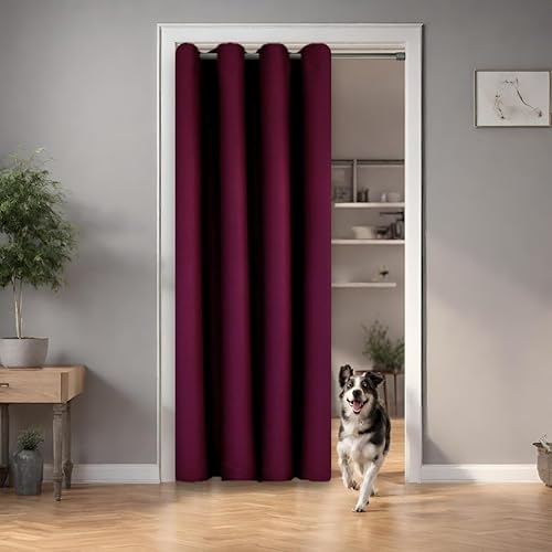 tinycurtains, Türvorhang mit Teleskopstange, einfache Montage in nur 1 Minute ohne Bohren, für alle gängigen Türgrößen (Türvorhang Bordeaux rot + Stange Silber, Türbreite 55-90cm) von tinycurtains