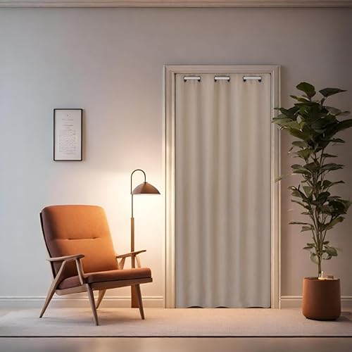 tinycurtains, Türvorhang mit Teleskopstange, einfache Montage in nur 1 Minute ohne Bohren, für alle gängigen Türgrößen (Türvorhang beige + Stange weiß, Türbreite 55-90cm) von tinycurtains