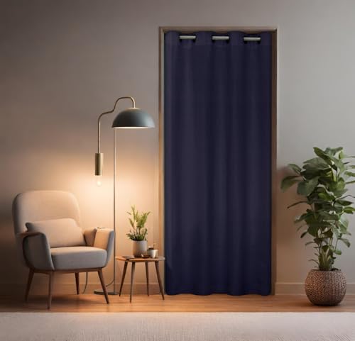 tinycurtains, Türvorhang mit Teleskopstange, einfache Montage in nur 1 Minute ohne Bohren, für alle gängigen Türgrößen (Türvorhang dunkelblau + Stange Silber, Türbreite 55-90cm) von tinycurtains