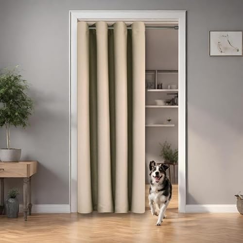 tinycurtains, Türvorhang mit Teleskopstange, einfache Montage in nur 1 Minute ohne Bohren (Türvorhang beige + Stange Silber, Vorhang 200 x 150 cm (HxB); Stange 55-90 cm) von tinycurtains