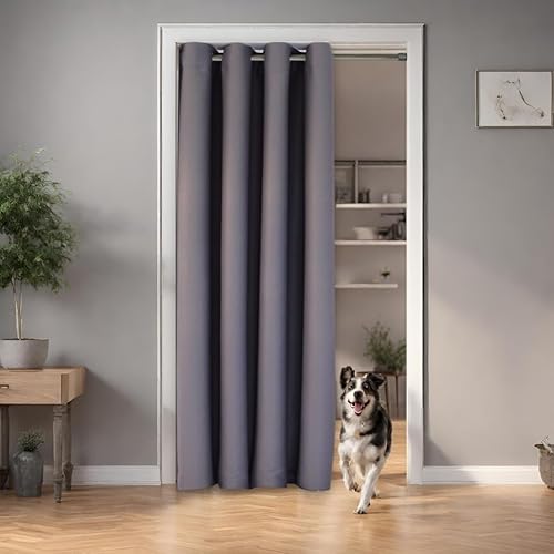 tinycurtains, Türvorhang mit Teleskopstange, einfache Montage in nur 1 Minute ohne Bohren (Türvorhang grau + Stange Silber, Vorhang 195 x 150 cm (HxB); Stange 55-90 cm) von tinycurtains