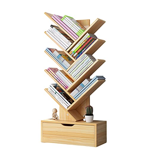 tinysiry 8-stöckiges Baum-Bücherregal, bodenstehendes Bücherregal mit Schublade, Holzausstellungsregal, Aufbewahrungsregal, modernes Bücherregal für Schlafzimmer, Wohnzimmer, Büro, Balkon von tinysiry
