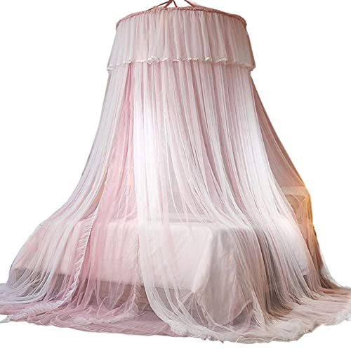tinysiry Canopy Hanging Bed Curtains, Double Layers Round Dome Princess Bed Canopy, Mesh Lace Girl Bedroom Bed Canopy Net Decoration Rosa m 1 von tinysiry