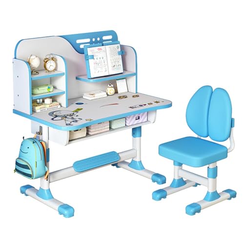 tinysiry Set aus Schreibtisch und Stuhl für Kinder, höhenverstellbarer Kinderschultisch mit großem Schreibbrett, Bücherregal und Schublade, ergonomischer Schreibtischstuhl mit Astronautenmuster B von tinysiry