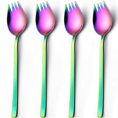 tiokin Sporks, 4 Stück Edelstahl Spork Göffel, Lang Salatlöffel 2 In 1 Abendessen Gabel Suppenlöffel Salatgabel Nudellöffel, Multifunktion Löffel und Gabel für Camping zu Hause oder auf Reisen von tiokin