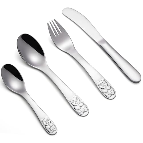 Tiokin Kinderbesteck Metall,4 Stück 18/10 Edelstahl Kinderbesteck Set mit Messer/Gabel/Löffel/kleinem Löffel,Todler Besteck Gesund & Spiegelpoliert, Spülmaschinenfest von tiokin