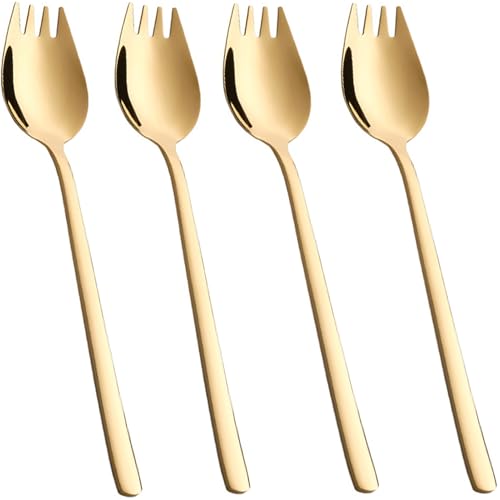 Tiokin Sporks,4 Stück Edelstahl Spork Göffel, Lang Salatlöffel 2 In 1 Abendessen Gabel Suppenlöffel Salatgabel Nudellöffel, Multifunktion Löffel und Gabel für Camping zu Hause oder auf Reisen（Gold） von tiokin