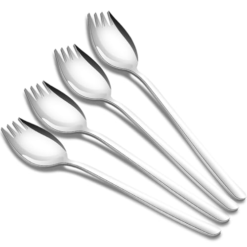 Tiokin Sporks,4 Stück Edelstahl Spork Göffel, Lang Salatlöffel 2 In 1 Abendessen Gabel Suppenlöffel Salatgabel Nudellöffel, Multifunktion Löffel und Gabel für Camping zu Hause oder auf Reisen von tiokin