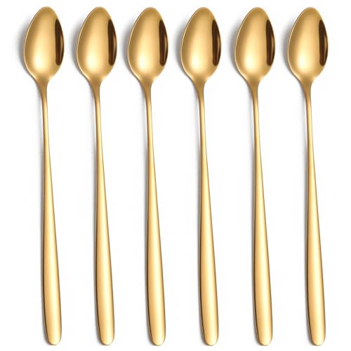 tiokin Latte Macchiato Löffel Set, 6-teilig, 19.8 cm langem Griff Eislöffel lang Rührlöffel aus Edelstahl Ideal für Eiskaffee Eistee Milchshake Eisbecher kühles Trinken(Gold) von tiokin