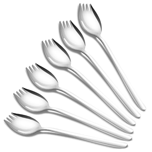 tiokin Sporks, 6 Stück 18/10 Edelstahl Sporks, Lang 7.48 Zoll Salatlöffel, Fruchtdessert Gebratene Reisnudelgabeln, Multifunktion Löffel und Gabel für Camping zu Hause oder auf Reisen von tiokin