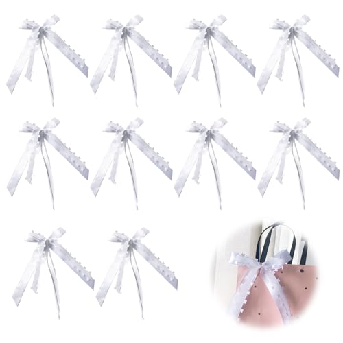 tiyiyok 10 Stück Autoschleifen Hochzeit, Weiß mit Herzen Schleifen, Hochzeitsschleifen für Auto, Schleife Mit Herzen Spitze für Hochzeitsautos, Hochzeitsfeier, Partydeko (13 x 25 cm) von tiyiyok