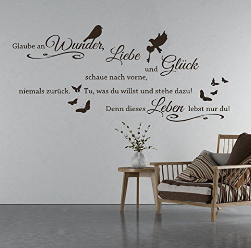 tjapalo® S-TK03a 58x28cm Wandtattoo Wohnzimmer Wandtatoo Wandspruch ~Glaube an Wunder Liebe und Glück, schaue nach vorne, niemals zurück. Tu, was du willst und stehe dazu, denn dieses Leben lebst nur du~ Flur Wandsticker Dekoaufkleber Schlafzimmer von tjapalo