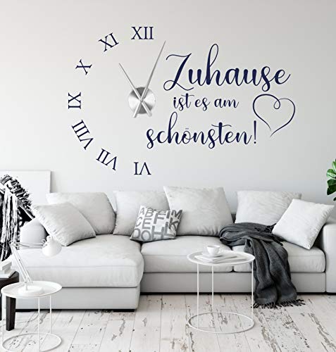 tjapalo® a230 Wanduhr Wohnzimmer Wandtattoo Uhr Sprüche Zitate Zuhause ist es am schönsten Wandspruch Wandaufkleber mit Uhrwerk, Größe: B90 x H58cm (+Uhrwerk Silber), Farbe: dunkelgrau von tjapalo