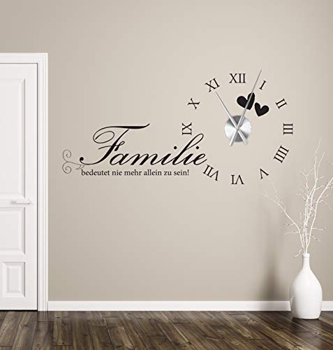 tjapalo® a235 Wanduhr Wohnzimmer Wandtattoo Uhr Sprüche Zitate Wandspruch Familie bedeutet nie mehr allein zu Sein Wandaufkleber mit Uhrwerk, Größe: B120 x H58cm (+Uhrwerk schwarz), Farbe: Schwarz von tjapalo