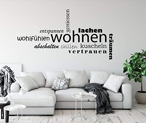 tjapalo® a268 Wandtattoo Wohnzimmer spruch Zitate Zuhause träumen lachen geniessen chillen kuscheln Wandaufkleber Wortwolke modern, Größe: B58xH30cm, Farbe: Schwarz von tjapalo