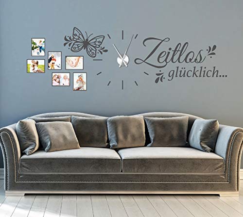 tjapalo® gr-pkm279 143x55cm XL Wandtattoo Wohnzimmer Familie Wandsticker Wohnzimmer modern Spruch Zeitlos Glücklich Wanduhr Wandtattoo Uhr mit Uhrwerk ohne Bilder von tjapalo