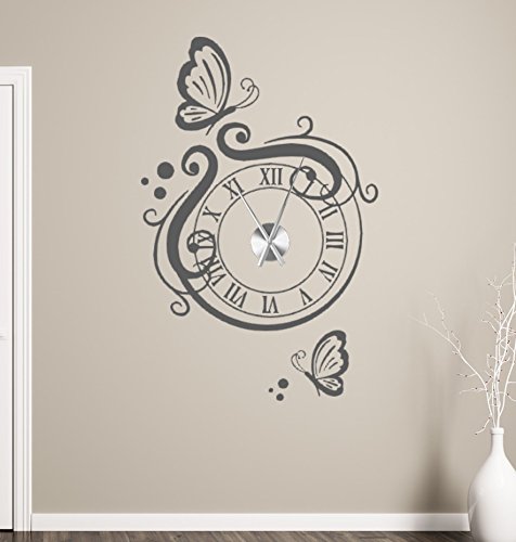 tjapalo® gr-tku2 Wanduhr Wandtattoo Uhr Wohnzimmer Wandsticker Wandaufkleber mit Schmetterlingen und edlem Uhrwerk (Höhe 90cm x Breite 58cm) von tjapalo