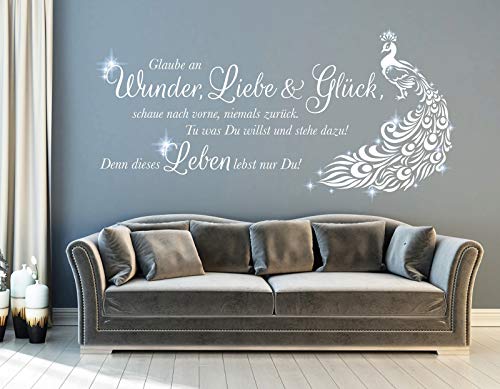 tjapalo® pkm490 wandtattoo wohnzimmer spruch zitate Wandsticker glaube Wandtattoo glaube an wunder liebe und glück Pfau mit glitzer Kristallen viele Farben, Farbe: Schwarz, Größe: B140xH58cm Top von tjapalo