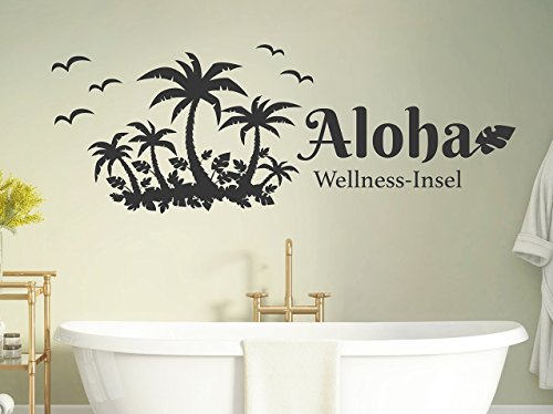 tjapalo® s-pkm 413 Wandtattoo Badezimmer Insel Wandtatoo mit Wandspruch Aloha mit Wellness Insel pkm413 - in vielen Farben (B130 x H47 cm) von tjapalo