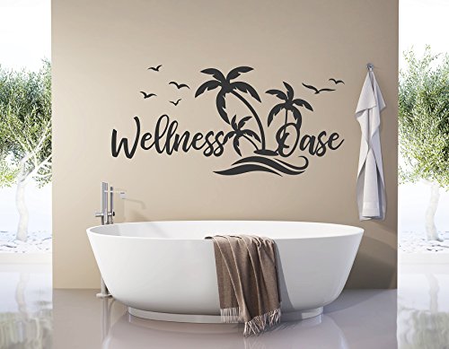 tjapalo® s-pkm401 Wandtattoo Badezimmer mit Wandspruch "Wellness Oase" mit Palmen (B120 x H58 cm) von tjapalo