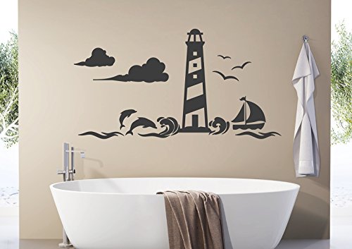 tjapalo® s-pkm411 Wandtattoo Badezimmer fische Wandtattoo Leuchtturm Meer Schiffe (B80 x H42 cm) von tjapalo