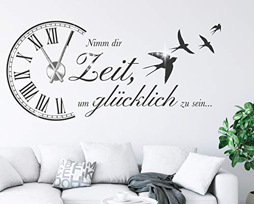 tjapalo® s-pkm473 Wanduhr Wandtattoo Uhr Spruch Wohnzimmer Wandsticker Spruch - Nimm dir Zeit um Glücklich zu Sein mit Uhrwerk und Kristallen von tjapalo