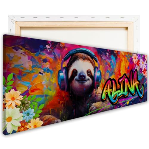 tjapalo® vz106 Leinwandbild Graffiti Jugendzimmer Bild mit Namen Coole Bilder für Teenager Cool Graffiti Bild Kinderzimmer Mädchen Wandbild Faultier Leinwand mit Namen Mädchen, Größen Name: B60xH20cm von tjapalo