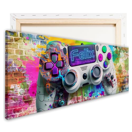 tjapalo® vz123bl Gamer Leinwandbild mit Namen Graffiti Bild gaming Deko Wanddeko gamer Bild für die Wand Wandbild Jugendzimmer gamer Bilder geschenkidee personalisiert, Größen Name: B90xH30cm von tjapalo