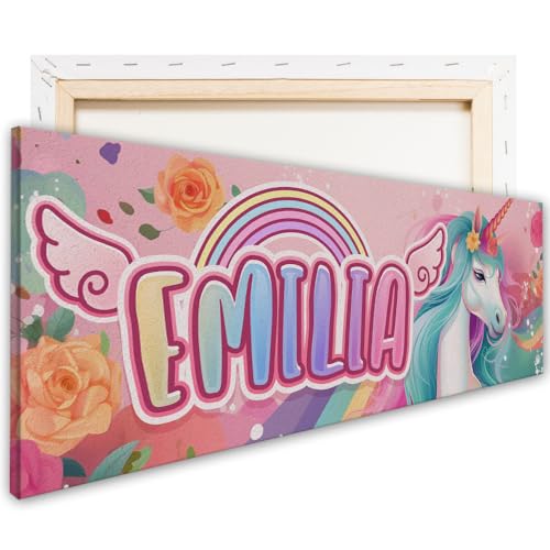 tjapalo® vz2 Leinwandbild Wandbild Einhorn Kinderzimmer Bild mit Namen personalisiert Geschenk für Mädchen Bild für Mädchenzimmer Bilder Wandbild Kinderzimmer Mädchen, Größen Name: B120xH40cm von tjapalo