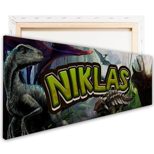 tjapalo® vz6 Leinwandbild Dino Bild Dinosaurier Wandbild Dinosaurier Bild mit Namen personalisiert Kinderzimmer Bilder jungs dino bilder kinderzimmer jungen Name, Größen Name: B120xH40cm von tjapalo