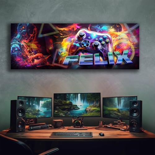 tjapalo® vz61 Leinwandbild Gamer Bild mit Namen personalisiert gaming Wanddeko gamer Bild für die Wand Wandbild Jugendzimmer gamer Wandbild gaming zimmer Bilder für Teenager, Größen Name: B90xH30cm von tjapalo