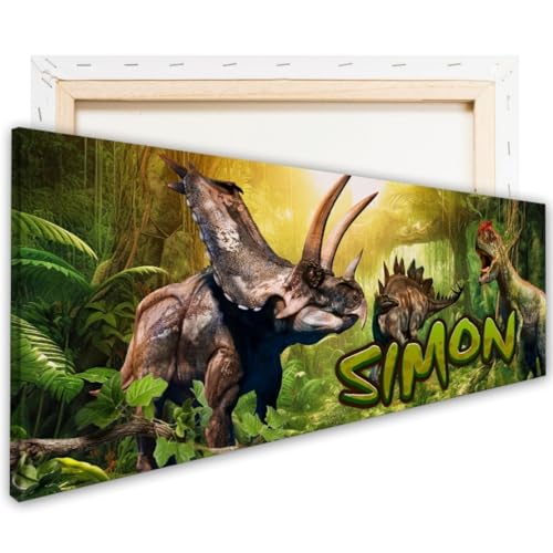 tjapalo® vz87 Leinwandbild Kinderbilder Bilder Dino Saurier Bild Dinosaurier Wandbild mit Namen personalisiert Deko Kinderzimmer Bilder jungs dino bilder kinderzimmer jungen, Größen Name: B60xH20cm von tjapalo