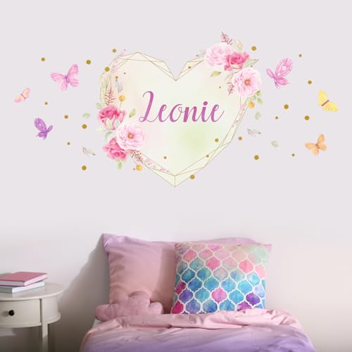 tjapalo®v157 Mädchen Wandtattoo mädchenzimmer name Herz Wandtattoo Name mädchen wandtattoo kinderzimmer mädchen Blumen, Größe: B120xH58cm von tjapalo