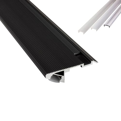 B-WARE - T-STA 30° LED Alu Treppenprofil Treppenwinkel Profil Stufen schwarz + Abdeckung Abschlussleiste Fliesen für LED-Streifen-Strip 2m klar von tktrading24